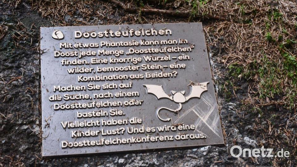 Auf einer der zum Findlingsweg gehörenden Tafeln werden Besucher aufgefordert, &quot;Doostteufelchen&quot; mit Materialien aus dem Naturschutzgebiet zu basteln. Weil Unbekannte in die Bronze ein Hakenkreuz geritzt haben, ermittelt die Polizei. Bild: Gabi Schönberger