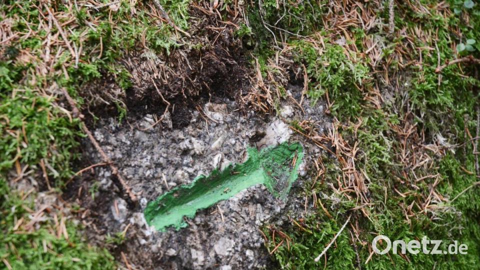 Erst wurde das Moos auf dem Granit im Doost entfernt, dann der Richtungspfeil direkt in den Felsen eingearbeitet und mit grüner Farbe markiert. Bild: Gabi Schönberger