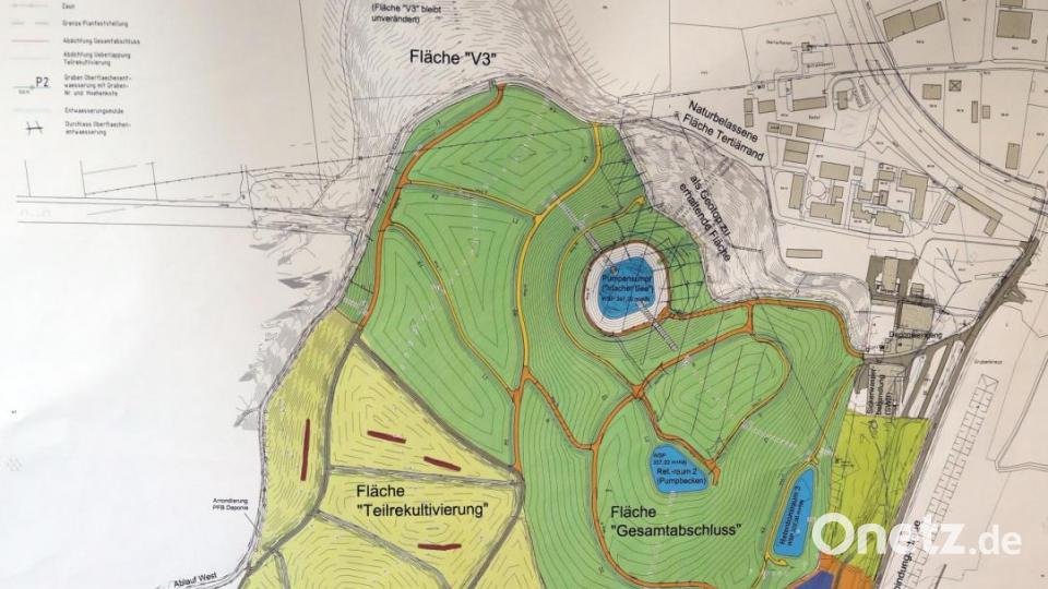 Im grün gefärbten Bereich des Plans liegt das Entwasserungsbecken, an dem momentan gearbeitet wird. Der orange gefärbte Westfeld-Damm wird im kommenden Jahr in Angriff genommen. Hier wurde im Winter bereits gerodet. Bild: Gerhard Götz