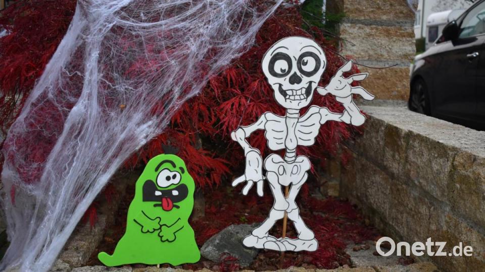 Yvonne Schmid bastelt den Großteil ihrer Halloweendekoration selbst. Aus Moosgummi macht sie Monster oder Skelette. Auch Spinnweben zieren sich durch die Blumenbeete und klettern an der Hausfassade entlang. Bild: lue