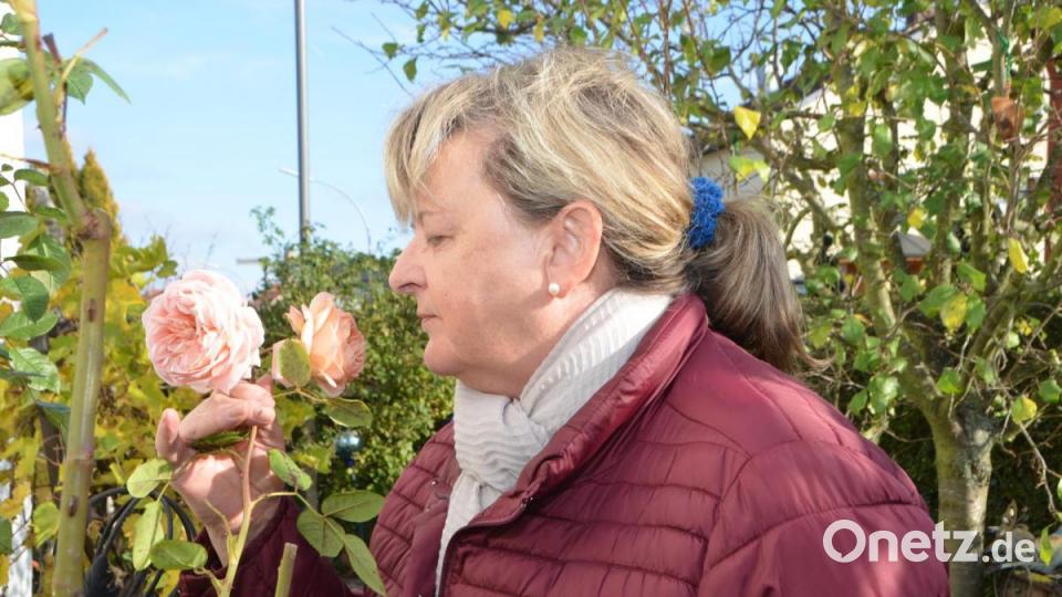 Christa Gieler schnuppert an ihren letzten Rosenblüten. Bild: dob