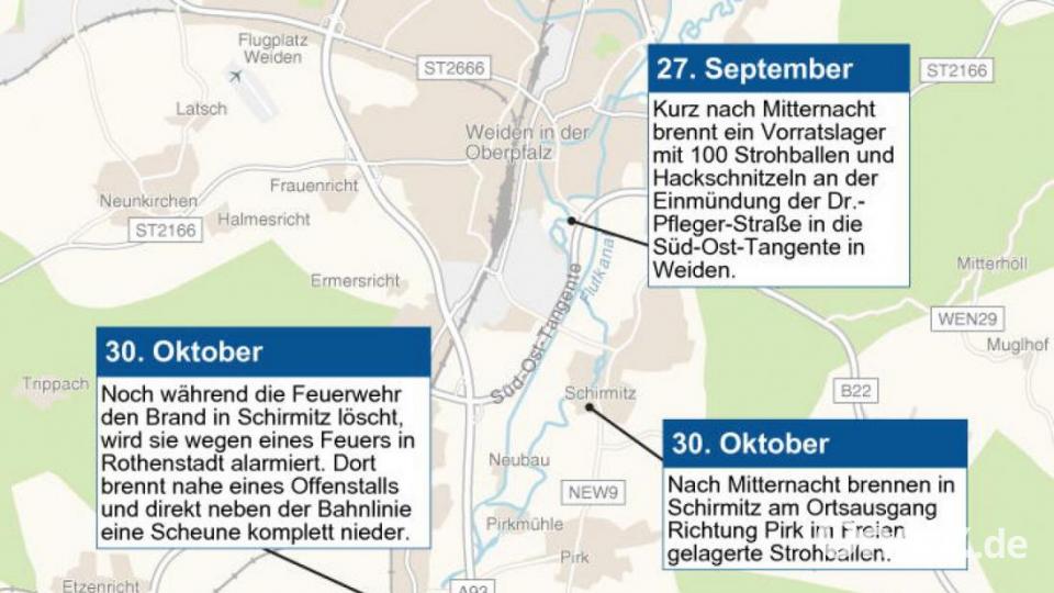 Fünf Brände mit deutlichen Parallelen (Zeitpunkt, Brandorte) in knapp fünf Wochen - drei davon innerhalb von 24 Stunden. Ist südlich von Weiden ein Feuerteufel unterwegs? Grafik: jak