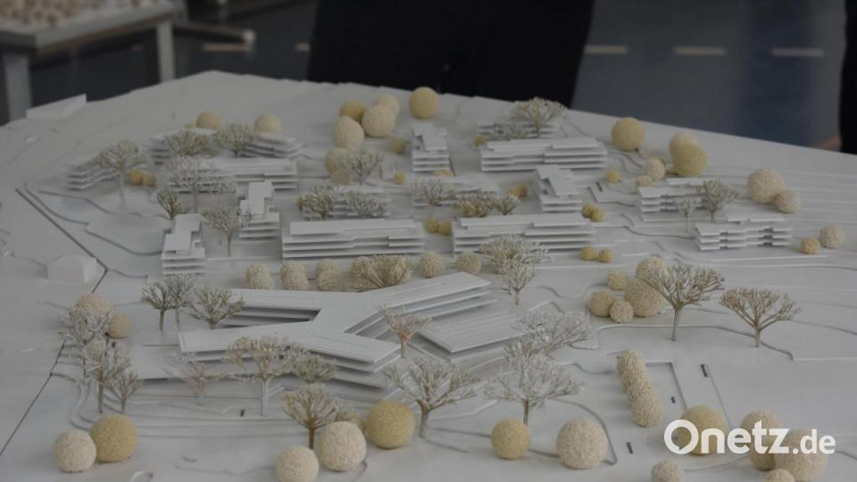 Das ist das Siegermodell für den Neubau der Realschule. Das Gebäude hat eine Schmetterlingsform. Dahinter zeigt sich die Idee für die Gestaltung eines neuen Wohngebietes. Bild: lue