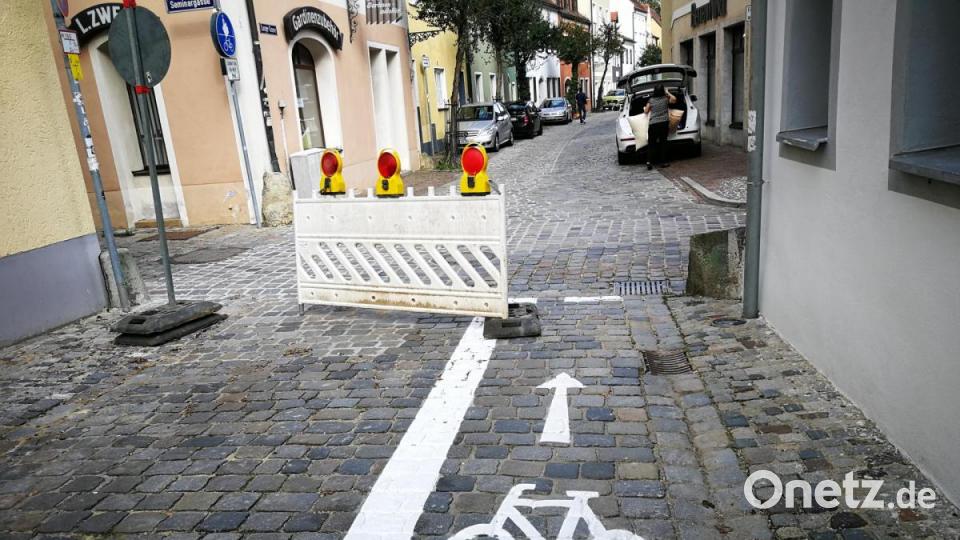 Die Spuren des Radverkehrskonzepts in der Altstadt. Schutz für die Radfahrer. Weil sie in der Langen Gasse auch entgegen der Einbahnstraße fahren dürfen, bekommen sie einen eigenen Streifen. Bild: ass