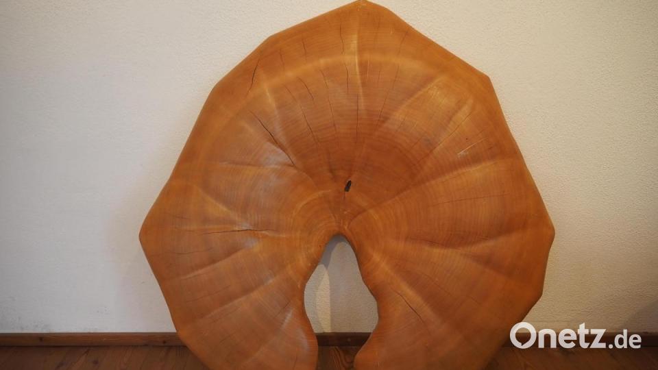 Klara Ratajczak setzt sich intensiv mit Blättern auseinander: Diese Holz-Skulptur ist fast so groß wie eine Tischplatte. Bild: bl