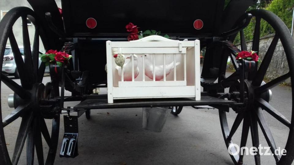Weiße Tauben und rote Rosen schmücken die Hochzeitskutsche für den großen Tag. Bild: hka