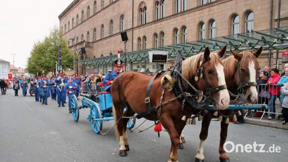 Die Stuten Heidi und Fabi ziehen die Kutsche beim Erntedankfestzug in Fürth Bild: hka