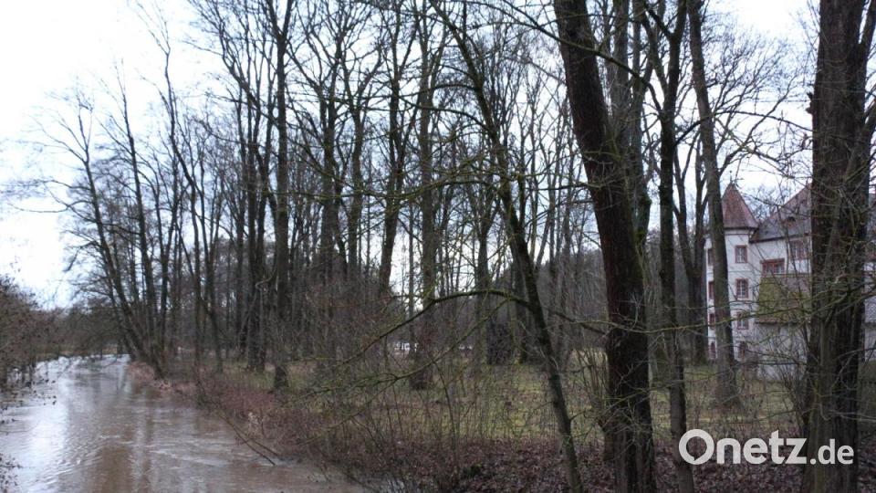 Beim Schloss Wolframshof fehlte am Dienstagabend nicht mehr viel, sonst wäre auch der Schlossgarten mit überflutet worden. Bild: rpp