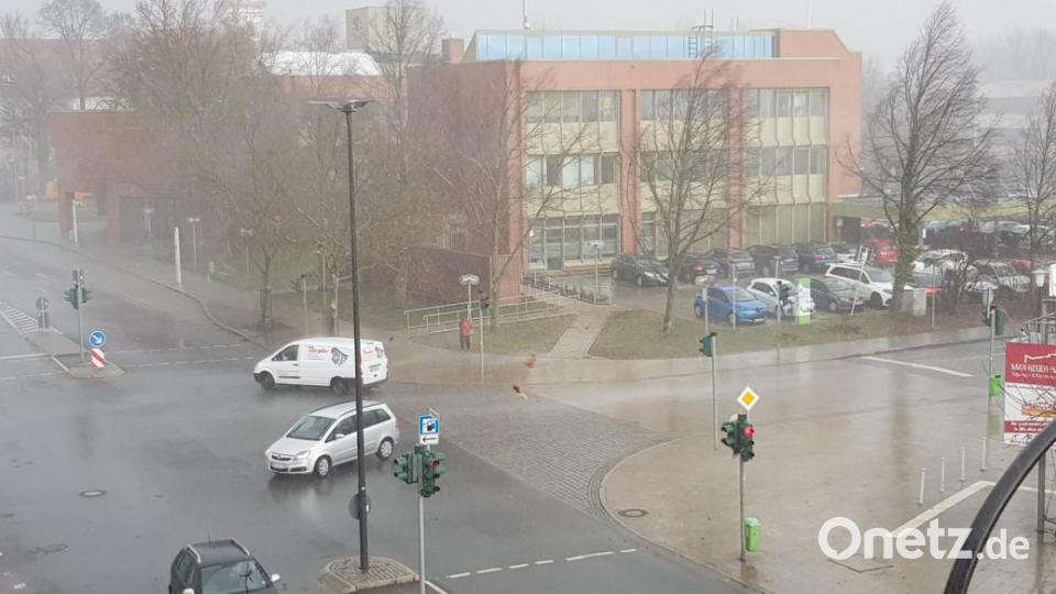 Blick auf das sturmgepeitschte Weidener Rathaus, an dem der Sturm gerade zwei Dachplatten abgedeckt hat. Bild: Sonja Kaute