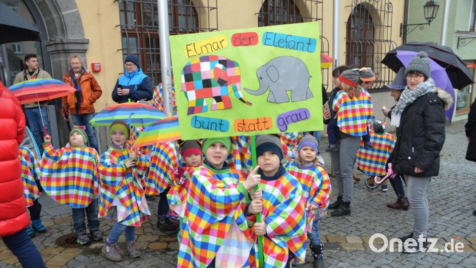 Die Kinder aus dem städtischen Kindergarten Anton Ferazin kamen als &quot;Elmar der Elefant&quot;. Sogar die Regenschirmchen waren farblich auf das Kostüm abgestimmt. Bild: dob
