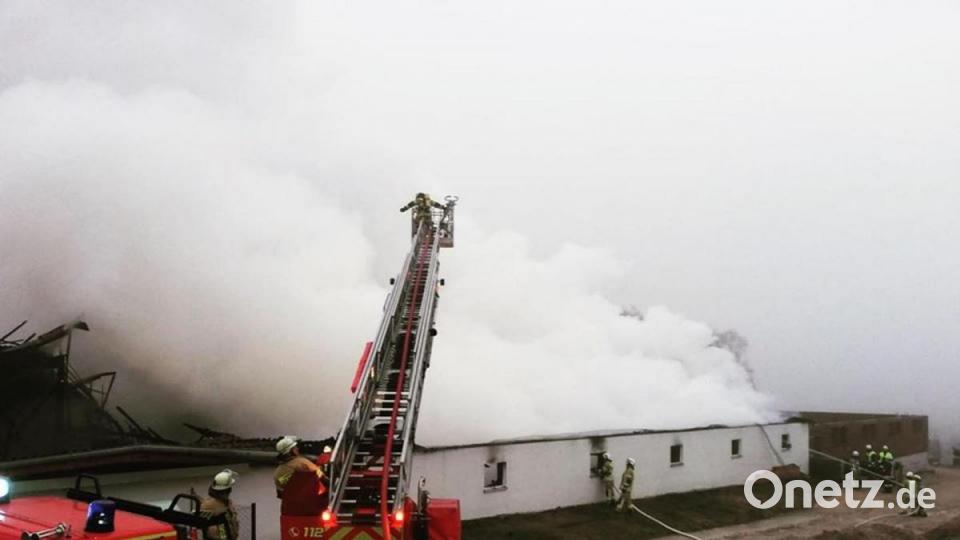 Dichter Rauch quoll aus dem Stall. Die Schwandorfer Feuerwehr war mit der Drehleiter nach Ipflheim ausgerückt. Bild: Feuerwehr Ensdorf