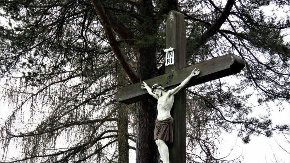 Am Flurkreuz rechts von Leonberg Richtung Wernersreuth geht&#039;s rein in den Wald, wo nach wenigen hundert Metern die Allerheiligenkirche auf einer Waldlichtung steht. Bild: ubb