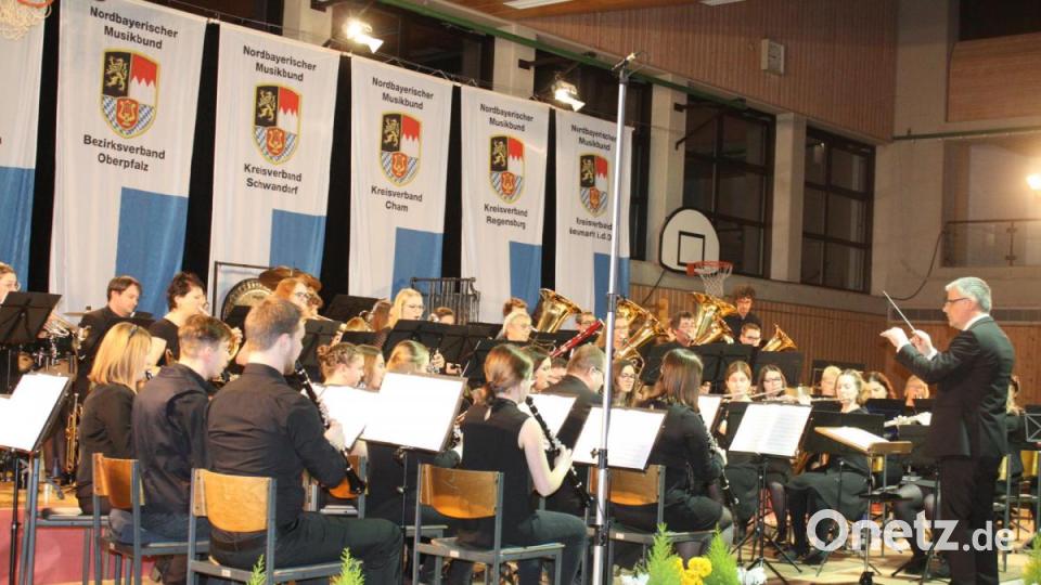 Ein fulminantes Konzert bot das Bezirksorchester des Nordbayerischen Musikbundes in der Oberviechtacher Mehrzweckhalle. Bild: lg