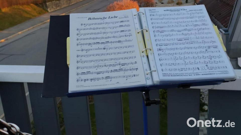 Die Mitglieder der Trachtenkapelle Waldthurn und des Waldthurner Blechhaufens beim „Balkonkonzert“. Bild: Trachtenkapelle Waldthurn