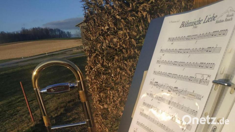 Die Mitglieder der Trachtenkapelle Waldthurn und des Waldthurner Blechhaufens beim „Balkonkonzert“. Bild: Trachtenkapelle Waldthurn