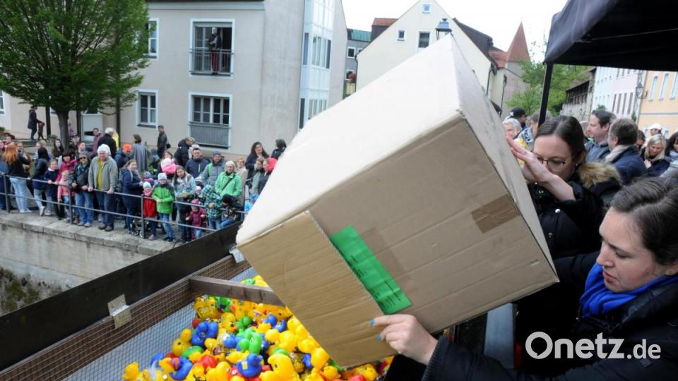Rund 6000 Plastikenten sind am Sonntag in der Amberger Altstadt um die Wette geschwommen. Kurz vor Beginn rissen die Wolken am Himmel auf. Bild: Stephan Huber