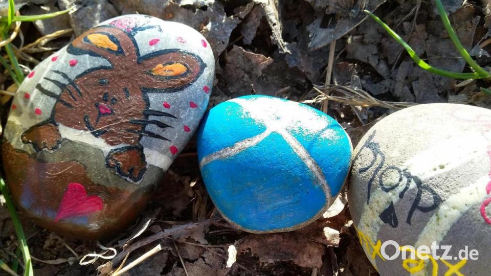 Mit Häschen, Text oder ganz abstrakt: Diese anonym angelegte Schlange aus Steinen an einem Spazierweg in Pfreimd soll noch wachsen. Bild: bl