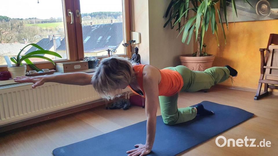 Carola Röder zeigt hier die „Diagonale Katze“. Dabei werden Gleichgewicht, Rückenstabilität und Rumpfmuskulatur gestärkt. Bild:  privat
