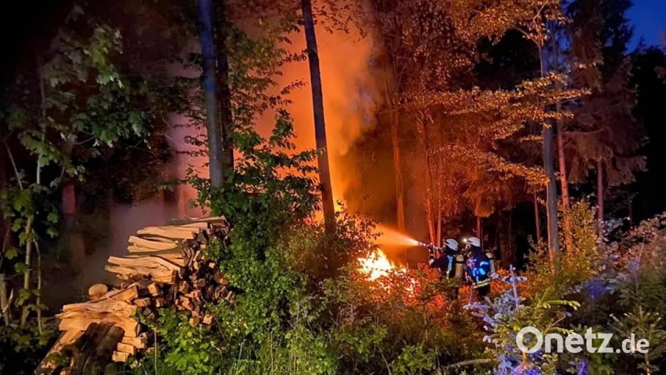 Der Holzstoß, den die Feuerwehr ablöschte, befindet sich am Waldrand. Bild: Markus Schmidt/Feuerwehr Hersbruck