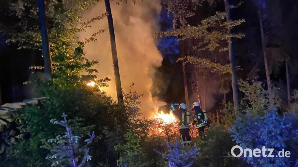 Der Holzstoß befindet sich an einem Waldrand. Bild: Markus Schmidt/Feuerwehr Hersbruck