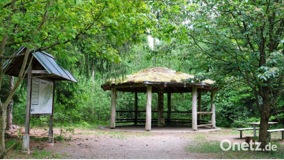 Ein rustikaler Holzpavillon mit Schautafeln und Ruhebänken ist Ausgangspunkt und Zielort des Lehrpfades. Bild: do