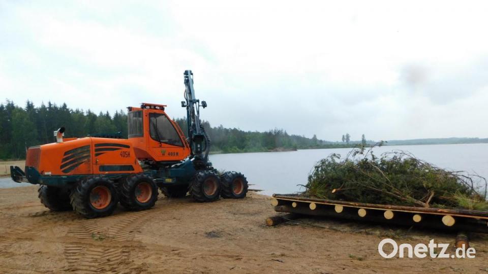 Auf dem Freizeitsee Dießfurt werden drei Flöße im Zuge der Renaturierung zu Wasser gelassen. Bild: msh