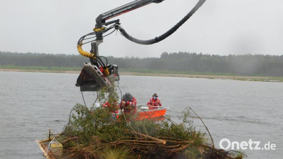 Auf dem Freizeitsee Dießfurt werden drei Flöße im Zuge der Renaturierung zu Wasser gelassen. Bild: msh