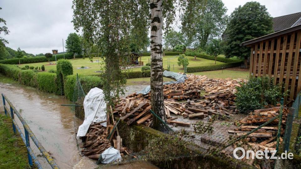 Holz liegt auf einem Haufen neben einem Bach in Oberbibrach, einem Ortsteil der Gemeinde Vorbach (Landkreis Neustadt/WN). Bild: Daniel Karmann/dpa