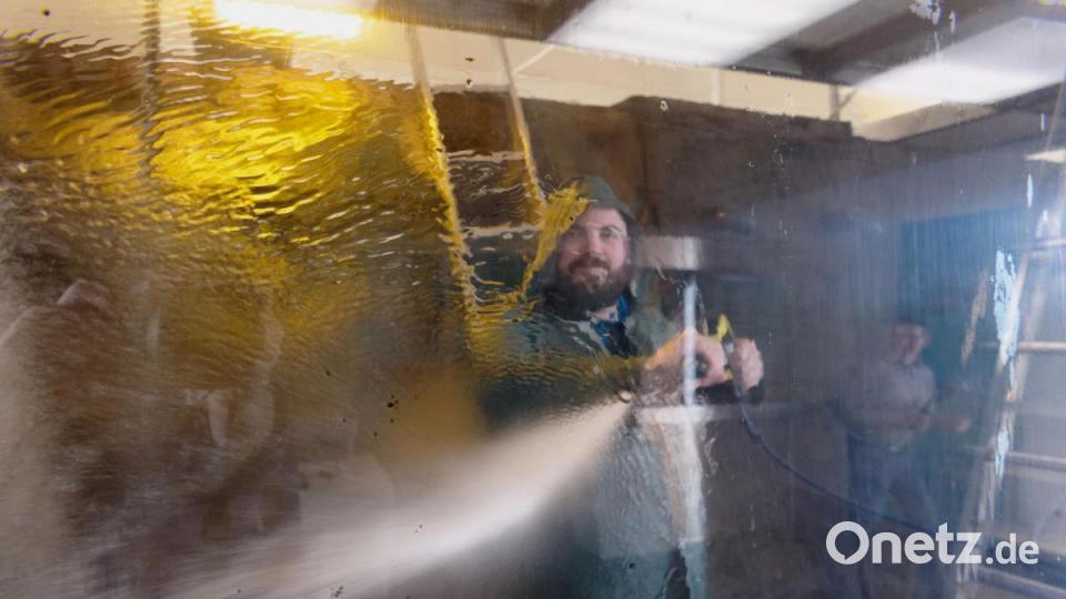 Mit Hochdruck kämpft Museumsmitarbeiter Christoph Kick gegen Algen, die sich hartnäckig an der Frontscheibe des Großaquariums gegen die Prozedur wehren. Bild: tr