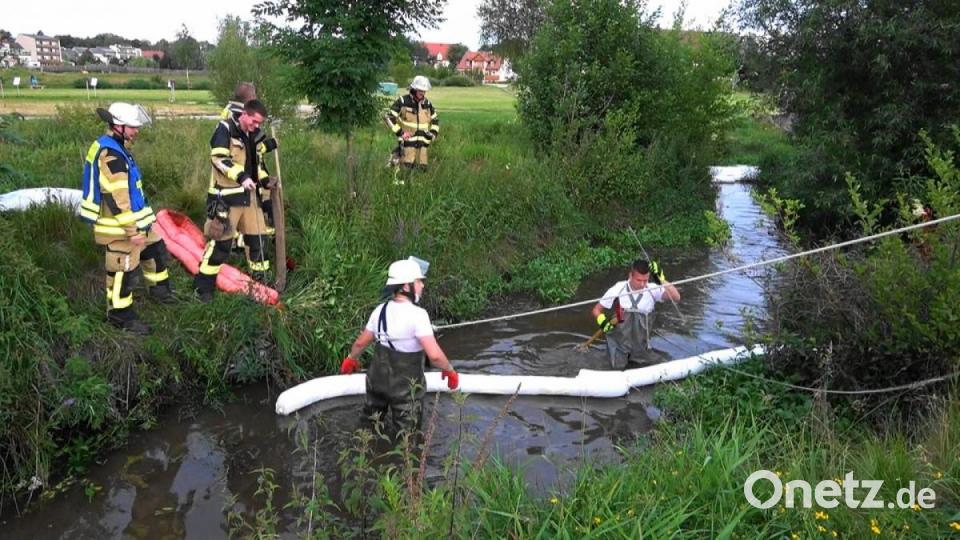 Ölsperren setzten Helfer der Feuerwehr Tirschenreuth nach einer Verschmutzung der Waldnaab beim Fischhofpark. Bild: nic