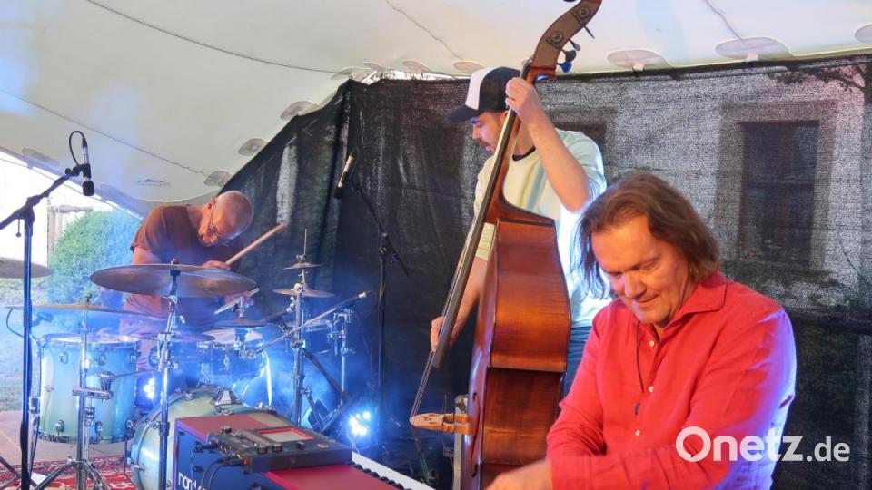 Mit außergewöhnlichen Klängen überrascht das &quot;Trio Elf&quot; auf der Sommersünden-Bühne im Innenhof der Regionalbibliothek. Bild: Kunz