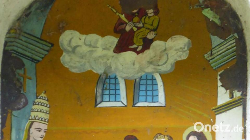 Das alte, beschädigte Bild an der Quirinsäule. Bild: fsb