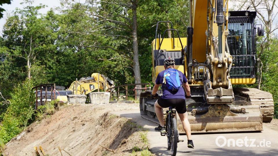 Fahrradfahrer werden die Brücke vermissen. Viele nutzten am Wochenende nochmals die Möglichkeit von der Brücke auf die Bahnanlage zu blicken. Bild: bkr