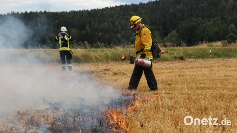 Was tun, wenn der Getreideacker brennt? Die Feuerwehr Freudenberg-Wutschdorf übte, wie man die Flammen bei Vegetationsbränden bekämpft. Bild: gri