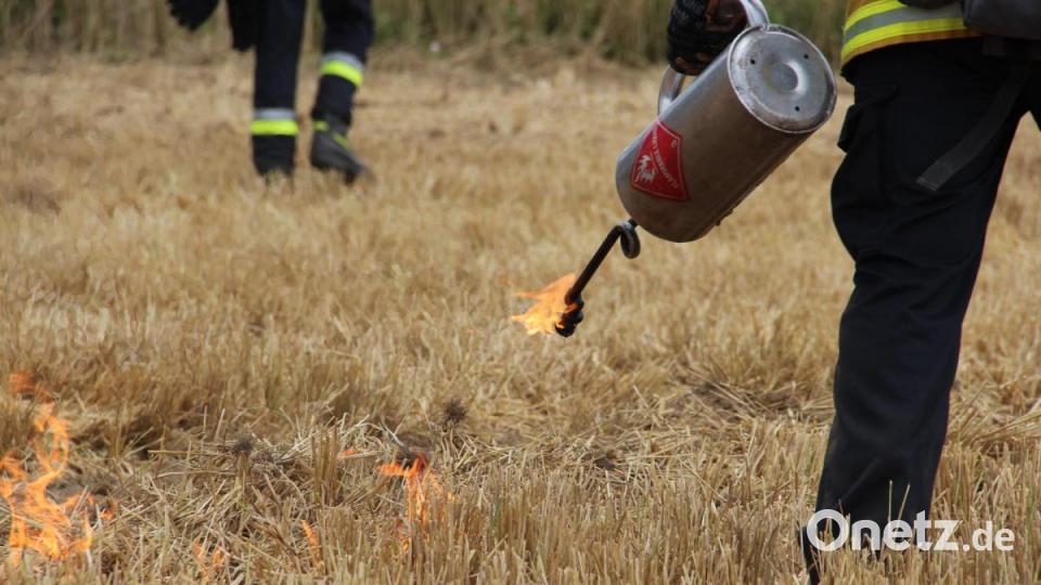 Was tun, wenn der Getreideacker brennt? Die Feuerwehr Freudenberg-Wutschdorf übte, wie man die Flammen bei Vegetationsbränden bekämpft. Bild: gri