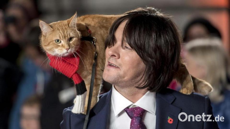 Der britische Schriftsteller und Musiker James Bowen und seine Katze Bob treffen zur Weltpremiere von &quot;A Street Cat Named Bob&quot; ein. Bild: Will Oliver/dpa