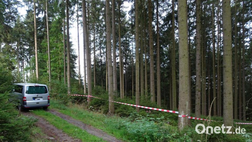 Das Waldstück bei Bad Neualbenreuth, in dem ein Paar einen menschliche Schädel gefunden hat, ist abgesperrt. Die Polizei ist vor Ort. Bild: rti