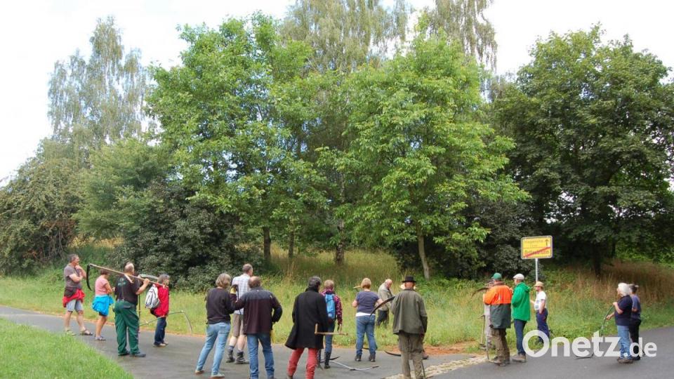 Für den Sensenkurs in Ortlesbrunn hat Familie Nickl-Dötsch eine Streuobstwiese zur Verfügung gestellt. Hier zeigt Ludwig Wiedenhofer der Gruppe angehender Sensenmänner und -frauen, wie man richtig mäht. Es kommt auf die Haltung an. Bild: Barbara Ströll, Öko-Modellregion