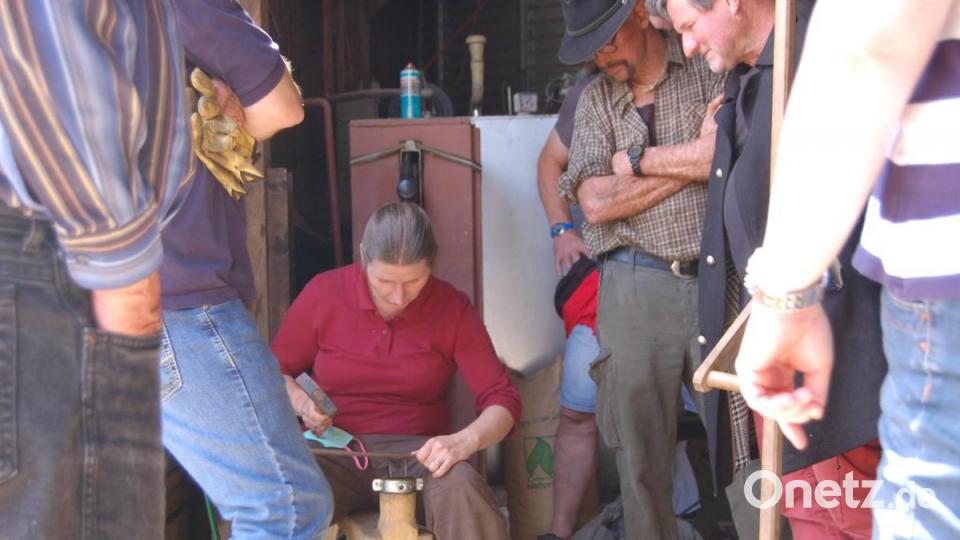 Das Dengeln des Sensenblattes ist eine Kunst für die man Geduld, einen 500-Gramm-Hammer und einen Dengelbock braucht, der idealerweise auf die eigene Körpergröße zugeschnitten ist. Hier probiert es eine Kursteilnehmerin unter Aufsicht aus. Bild: Barbara Ströll, Öko-Modellregion