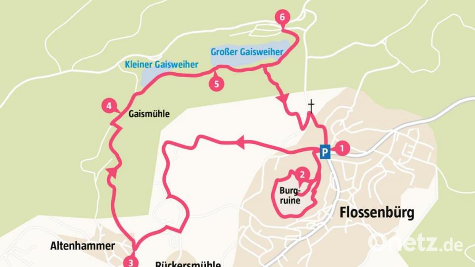 Mit knapp drei Stunden Wegzeit ist die neun Kilometer lange Wanderung durch die Welt des Granits bei Flossenbürg angesetzt. Die Wegpunkte 5 und 6 stehen hier für den Gaisweiher samt Camping- und Badeplatz (6). Bild: OpenStreetMap, Rother Bergverlag, NT/AZ