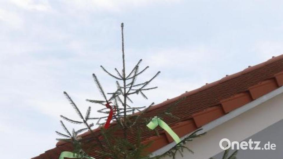 Die Rosenberger wussten ja nicht, dass sie von der Kirwa-Gemeinschaft mit einem richtig großen Baum überrascht werden und hatten im Vorfeld als Statement zur Corona-Kirwa einen eigenen, kleinen Kirwa-Baum gebastelt. Bild: mfh