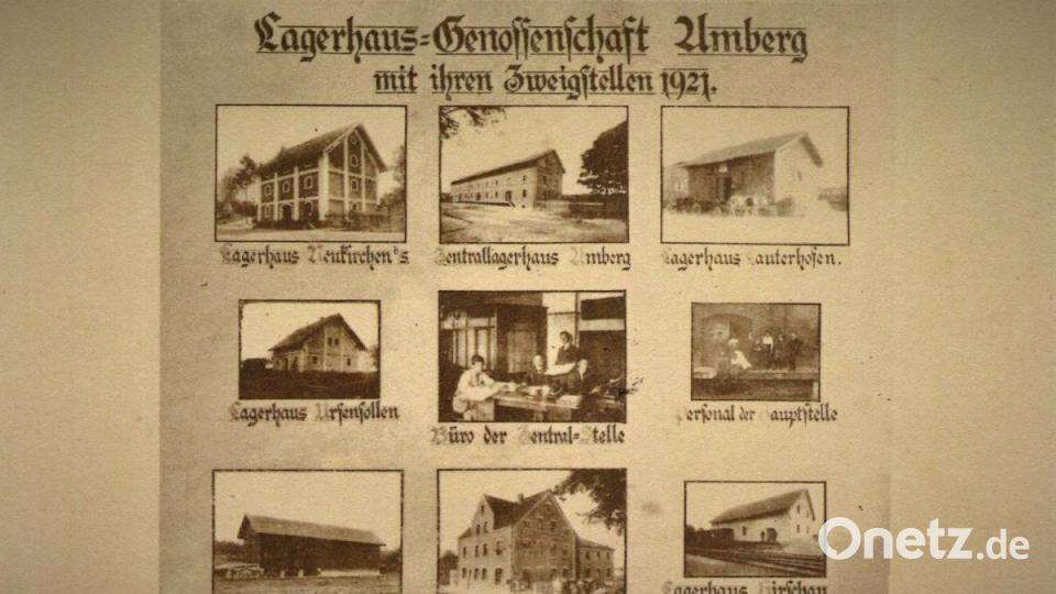 Die historische Postkarte aus dem Jahre 1921 zeigt die Lagerhaus-Genossenschaft Amberg mit ihren damaligen fünf Zweigstellen Neukirchen bei Sulzbach-Rosenberg, Lauterhofen, Langenbruck (im heutigen Truppenübungsplatz Grafenwöhr) und Hirschau. Weitere Bilder zeigen das Zentrallagerhaus Amberg und das Wohnhaus der Lagerhaus-Genossenschaft Amberg. Bild: Archiv Josef Schmaußer