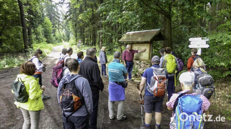 Bürgermeister Klaus Meyer (an der Tafel) brachte sich als Wanderführer auf dem Rinnlstein-Rundweg ein. Bild: Alexander Willig/exb