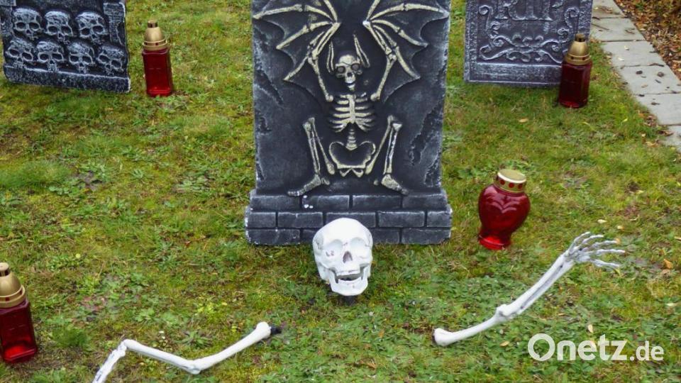 Nicht richtig vergraben, freigelegt oder selbst auf dem Weg zu Halloween kommt dieses Skelett in Pirk aus der Erde. Bild: fsb