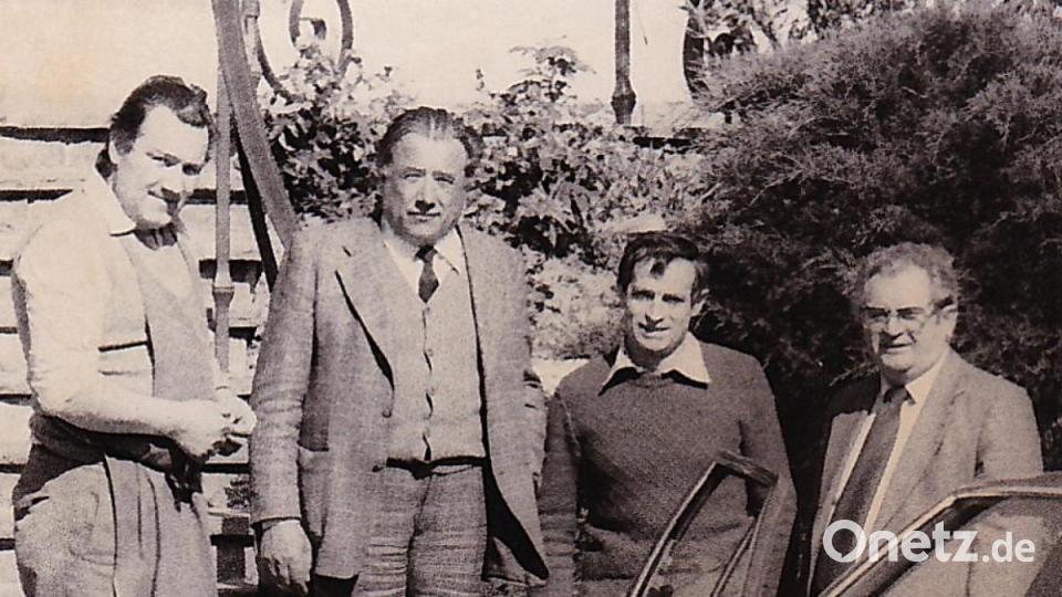 Durch die Sternfahrten des ADAC lernte Ludwig Meier den Bürgermeister von Algund, Hans Gamper (verstorben am 5. Dezember 1995) kennen. Aus der Freundschaft entwickelte sich die Gründung der Ortspatenschaft 1968. Die Gründerväter Meier (rechts) und Gamper (2. von links) legten den Grundstein für eine lebendige und rührige Patenschaft. Mit im Bild links Luis Schwaigl und Eduard Tschenett,. Bild: wlr