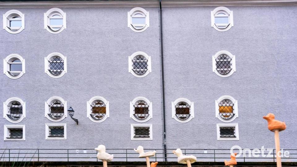 Die "Stockenten" vor dem Schulgebäude am anderen Ufer der Vils - Objekte des Teams "Fluss-Kunst". Bild: Peter Ringeisen/exb