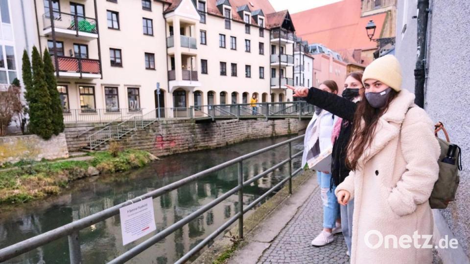 Leonie De Luca (rechts) und Sophia Grabinger (daneben) zeigen die Positionen der von ihrem Team platzierten Gemälde zum Thema Wasser. Bild: Peter Ringeisen/exb