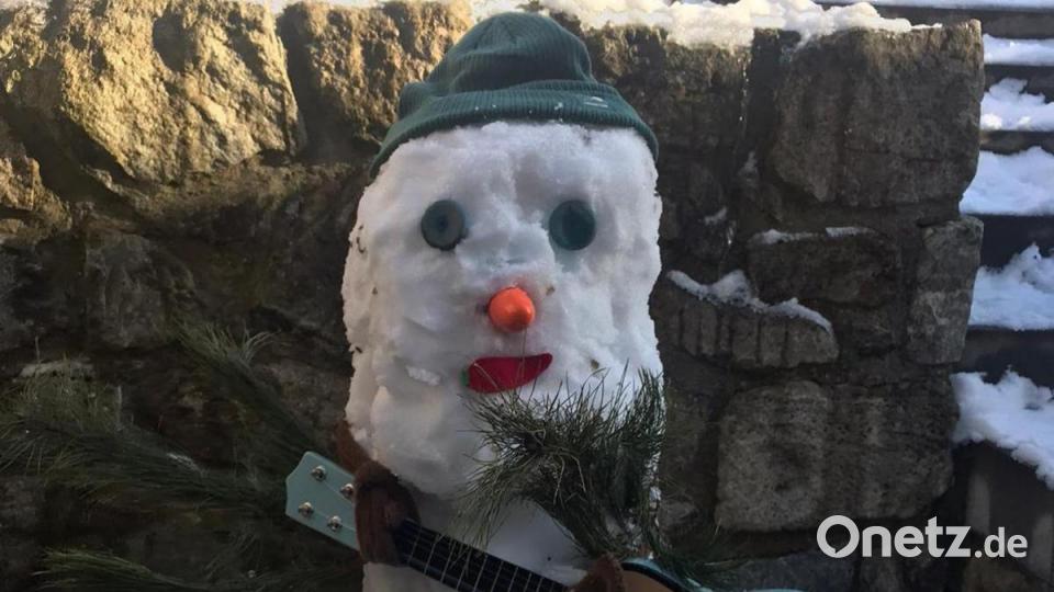 Dieser Schneemann grüßt mit Gitarre aus Regensburg und gehört zu den ersten Kandidaten, die die Herausforderung aus dem Landkreis Schwandorf angenommen haben. Bild: Lehmann/exb