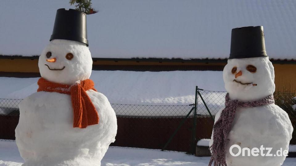 Eva und Nina Lehner aus Trausnitz haben zwei klassische Schneemänner gebaut Bild: Birgit Lehner/exb