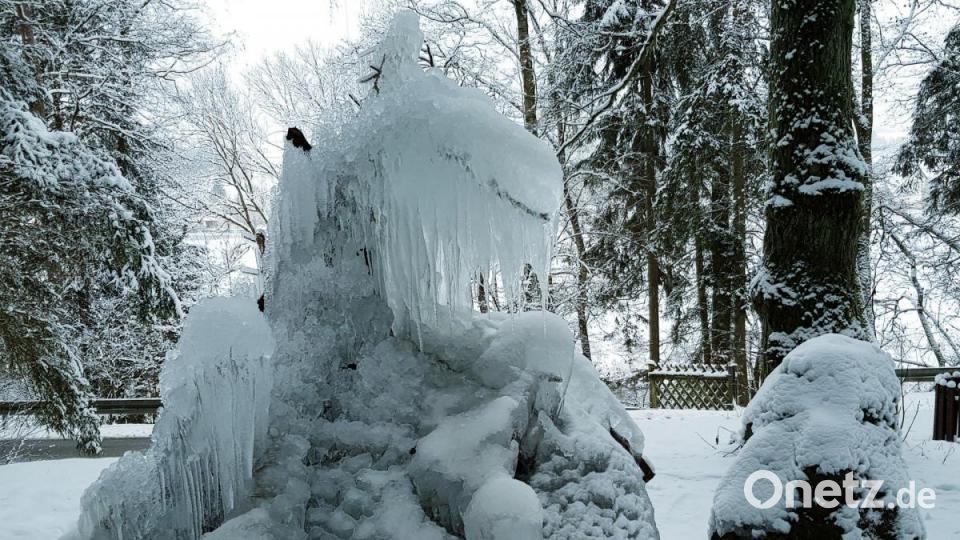 Grinst da frech ein Dinosaurier?, fragt sich Philipp Mardanow. Den Brunnen bei Altendorf zieren (noch) dicke Eiszapfen. Bild: Mardanow